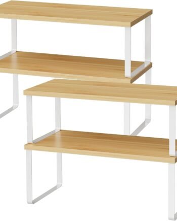 Cabinet Shelf Organizers, 15.7 inches Large Kitchen Counter Shelf, Set of 4 Wood Kitchen Pantry Organizer, Storage Shelves for Countertop, Spice Rack, Stackable, Expandable, Metal White, Nature