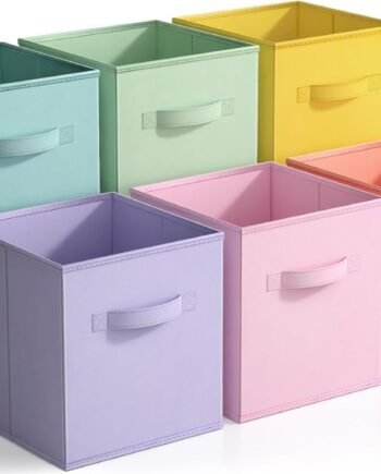 11 Inch Fabric Storage Cubes - Sturdy Collapsible Bins With Handle - 6 Foldable Baskets for Organizing Clothes, Toys, Books - Multi Colored Storage Baskets for Shelves, Kids Room, Closets