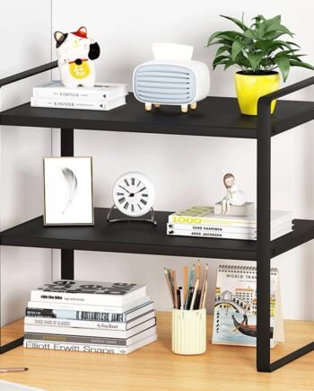 Desktop Organizer Shelf Office Storage Rack Computer Desk Bookshelf Adjustable Display Shelf for Office Supplies (Black)