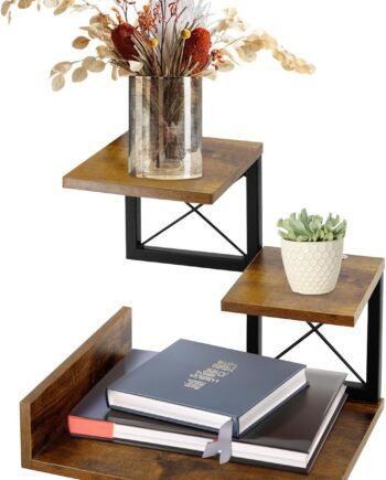 Wood Desktop Shelf, Desktop Organizer Office Storage Rack Adjustable Wood Display Shelf 3 Tier Storage Display Rack Office Decor Stand Shelves with Metal Frame (Brown)