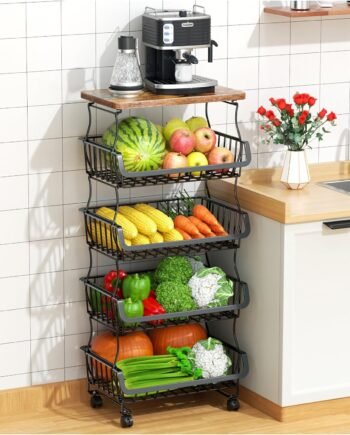 Fruit Vegetable Basket for Kitchen, 5 Tier Stackable Fruit Vegetable Storage Baskets with Wheels, Metal Wire Storage Basket Organizer Baskets for Kitchen, Pantry, Bathroom