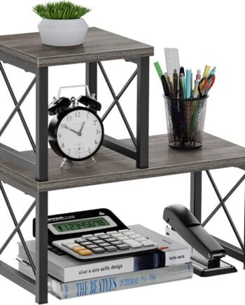 Wood Desktop Shelf, Office Desktop Storage Rack Wood Display Shelf, 2 Tier Adjustable Stackable Office Supplies Desk Organizer, Freestanding Small Bookshelf Desktop Organizer, Grey