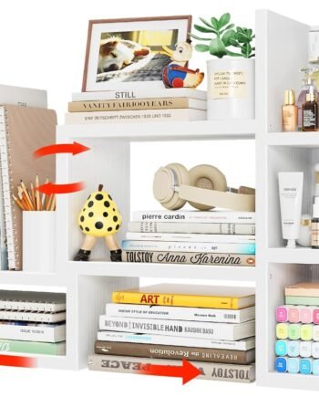 Desk Shelves Desktop Orgnizer Shlef - White Office Organization for Top of Desk Organizers and Accessories Corner Bookshelf Table Top Shelving Small Hutch Decorations for Women Office