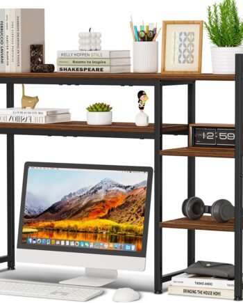 Desk Shelf, 38.6" Adjustable Desktop Organizer Shelf, Desk Hutch for Computer Monitor Stands, 4 Tier Desktop Display Rack, Wood Desktop Bookshelf Storage Rack for Home Office Dorm