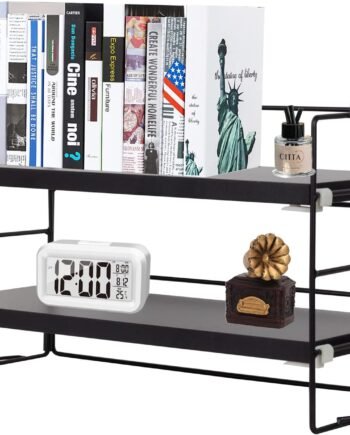 Desk Shelf Organizer, 2 Tier Desktop Shelves, Adjustable Bookshelf Storage Rack and Office Cubicle Decor for Tabletop, School, Office, Dorm Organization (Black)