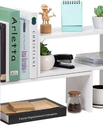 Desktop Adjustable Natural Wood Book Shelf Organizer Office Storage Rack Display Stand Caddy Set Expandable Desk Organizer (White)