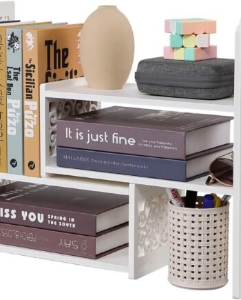 Desk Organizer Shelf, Expandable Bookshelf for Desk, Small Desktop Bookshelf, Mini Cute White Adjustable Office Desk Shelves