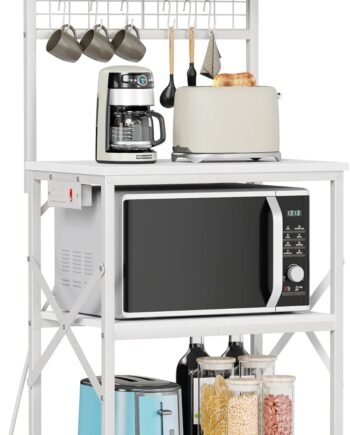 Kitchen Bakers Rack with Power Outlet, Microwave Oven Stand with Storage 4 Tiers, Coffee Bar Table with 6 S Hooks, Kitchen Storage Shelf Rack for Spices, Pots, White