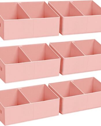 Large Closet Shelf Organizer Bins 6 Packs with Handles and Divider, Fabric Trapezoid Storage Baskets, Foldable Clothes Containers Box for Shelf, Towel, Book, Toy, Purse, Hats, Pink