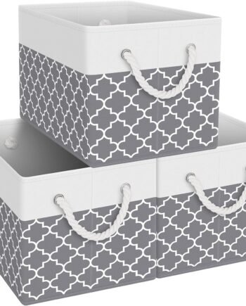 Storage Bins [3-Pack], Foldable Storage Baskets for Organizing Toys, Books, Shelves, Closet, Large Storage Box with Rope Handles, Sturdy Organizer Bins,Clover Grey