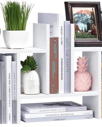 Desktop Shelf Organizer, Adjustable Wood Display Desk Shelf, Office Storage Rack Tabletop Bookshelf Multipurpose Shelves for Home Decor, Office, Gifts (Solid White)