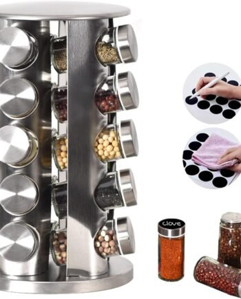 20-Jar Stainless Steel Rotating Spice Rack with Non-Slip Base - Kitchen Countertop Organizer for Easy Access and Storage of Spice (Sliver)