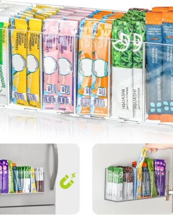 Drink Packet Organizer, Mountable Water Packet Organization Holder with Adhesive & Magnetic Sticker, Pantry Organizers Kitchen Storage for Countertop Table Fridge Cabinet