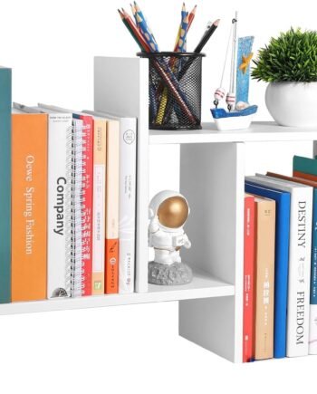 Desktop Shelf Organizer - Adjustable Wood Desktop Bookshelf, Table Top Shelves, Desk Book Organizer for Office Supplies and Home Décor (White)