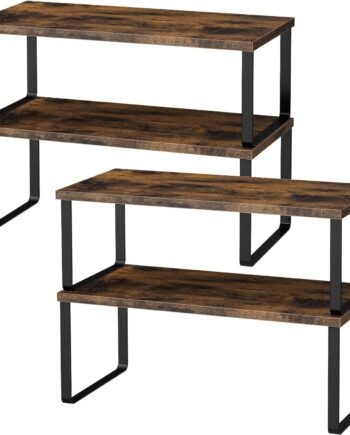 Cabinet Shelf Organizers, 15.7 inches Large Kitchen Counter Shelf, Set of 4 Wood Kitchen Pantry Organizer, Storage Shelves for Countertop, Spice Rack, Stackable, Expandable, Metal Black, Brown