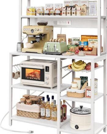Bakers Rack with Power Outlet, 35.4 Inches Coffee Bar with Wire Basket, Kitchen Microwave Stand with 6 S-Shaped Hooks, Open Storage Shelves, White
