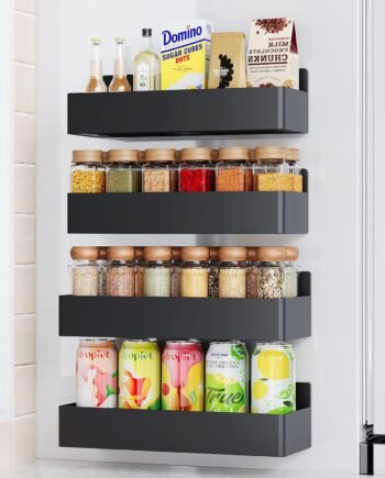 Magnetic Spice Rack for Refrigerator, Kitchen Organizer and Storage Shelf, Black (4 Pack)…