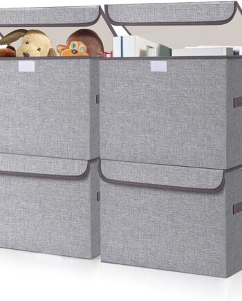 Large 22 Quart Linen Fabric Foldable Storage Bin Cube Organizer Basket with Flip-Top Lid & Handles, Clothes Blanket Box for Home, Office, Closet, Gray, 4 Pack 14.6 x 9.5 x 9.5”