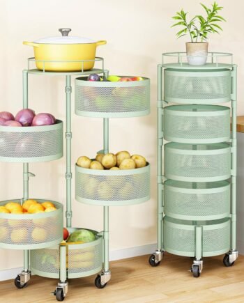 Fruit and Vegetable Basket Bowls for Kitchen with Metal Top Lid, 5 Tier Rotating Storage Rack Cart for Potato Onion Bread Banana, Wire Basket Organizer on Wheels, Large (Green)