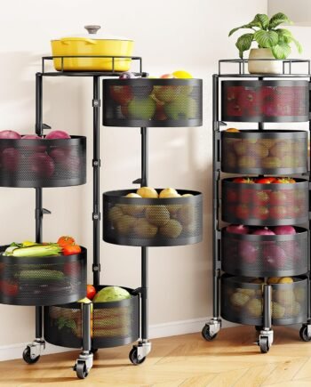 Fruit and Vegetable Basket Bowls for Kitchen with Metal Top Lid, 5 Tier Rotating Storage Rack Cart for Potato Onion Bread Banana, Wire Basket Organizer on Wheels, Large, Black