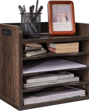 Desktop File Organizer with Handle, Document Letter Mail Tray Sorter with 3 Adjustable Shelves, 5 Tiers Paper Holder for Home Office Desk, Black Gray,13.4 * 12.4 * 9.06"