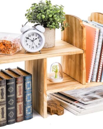 Adjustable Desktop Storage, Wood Display Bookshelf with 7 Compartments, Expandable Desk Shelf Hutch, Office Storage Rack for Desk Table Storage and Organization