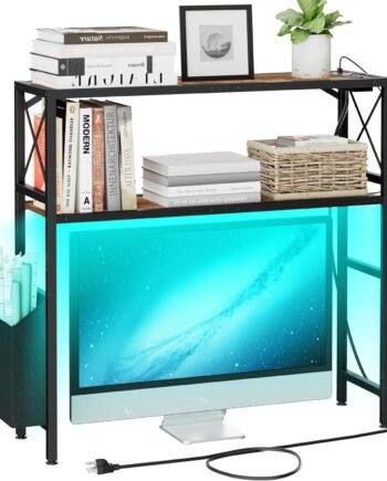 Desk Shelf, 2 Tires Desktop Bookshelf, 31.9 Inchs Desk Hutch for Monitor, Desktop Shelves with Outlet and LED Light, Adjustable Height Desktop Shelf, for Home, Office, Dorm, Brown
