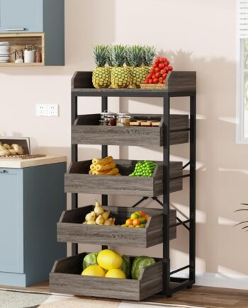 Wood Fruit and Vegetable Storage Rack, 5-Tier Pull-Out Snack Stand Fruit Basket Stand, Utility Shelf Organizer for Kitchen, Living Room, Bedroom, Gray