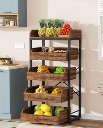 Wood Fruit and Vegetable Storage Rack, 5-Tier Pull-Out Snack Stand Fruit Basket Stand, Utility Shelf Organizer for Kitchen, Living Room, Bedroom, Rustic Brown