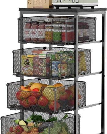 4-Tier Fruit Vegetable Storage Cart - Kitchen Organizer and Storage Cart with Wheels, Wooden Top Metal Wire Fruit Vegetable Rack Stand with Drawers to Storage Cans Snacks for Kit