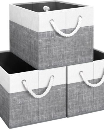 Storage Bins [3-Pack], Foldable Storage Baskets for Organizing Toys, Books, Shelves, Closet, Large Storage Box with Rope Handles, Sturdy Organizer Bins, White & Grey