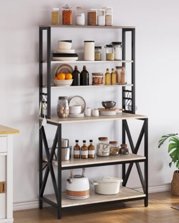 6-Tier Kitchen Bakers Rack, 31.5 Inch Coffee Bar Table, Farmhouse Microwave Oven Stand Cabinet for Small Spaces, Corner Organizer Storage Shelf for Spices and Pots, Grey