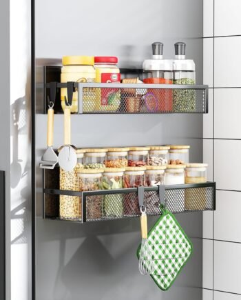 Magnetic Spice Rack for Refrigerator, 2 Pack Magnetic Shelf, Fridge Magnet Organizer with Moveable 4 Hooks, Magnetic Fridge Shelf for Kitchen Organization and Storage (2 Pack)