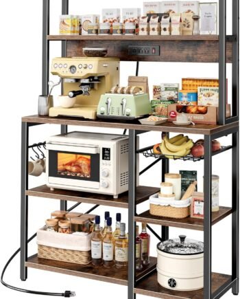 Bakers Rack with Power Outlet, 35.4 Inches Coffee Bar with Wire Basket, Kitchen Microwave Stand with 6 S-Shaped Hooks, Open Storage Shelves, Rustic Brown