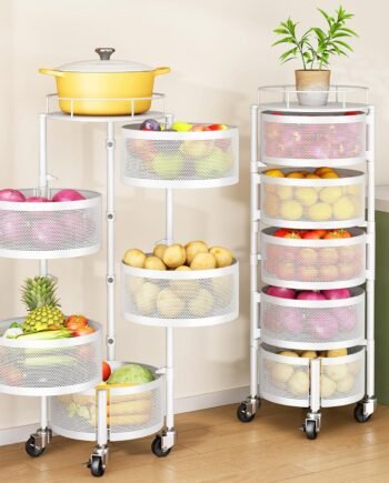 Fruit and Vegetable Basket Bowls for Kitchen with Metal Top Lid, 5 Tier Rotating Storage Rack Cart for Potato Onion Banana, Wire Basket Organizer on Wheels, Large (White)