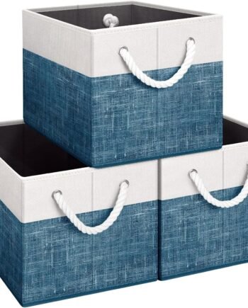 Storage Bins [3-Pack], Foldable Storage Baskets for Organizing Toys, Books, Shelves, Closet, Large Storage Box with Rope Handles, Sturdy Organizer Bins, White & Blue